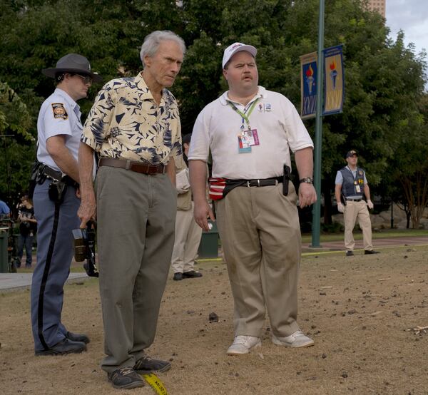 Director Clint Eastwood, left, and Paul Walter Hauser on the Atlanta set of “Richard Jewell,” a Warner Bros. Pictures release. CLAIRE FOLGER/WARNER BROS. ENTERTAINMENT INC.