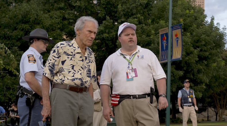 Director Clint Eastwood, left, and Paul Walter Hauser on the Atlanta set of “Richard Jewell,” a Warner Bros. Pictures release. CLAIRE FOLGER/WARNER BROS. ENTERTAINMENT INC.