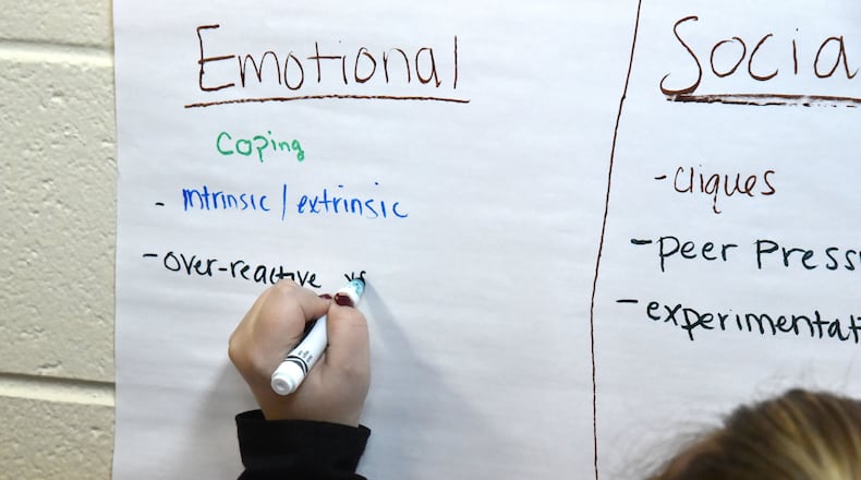 A young student writes down ideas in a recent seminar on mental health. The beginning of school can be stressful on students and families. HYOSUB SHIN / HSHIN@AJC.COM