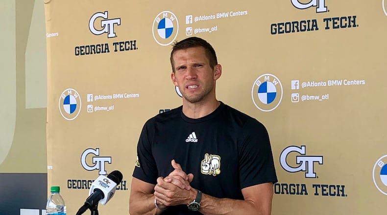 Georgia Tech defensive coordinator Andrew Thacker speaks to the media following a preseason practice on August 24, 2021. (AJC photo by Ken Sugiura)