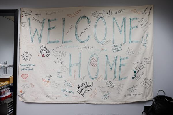 A welcome home sign hangs in the reception area of International Rescue Committee (IRC) in Atlanta on Tuesday, November 29, 2022. (Natrice Miller/natrice.miller@ajc.com)  