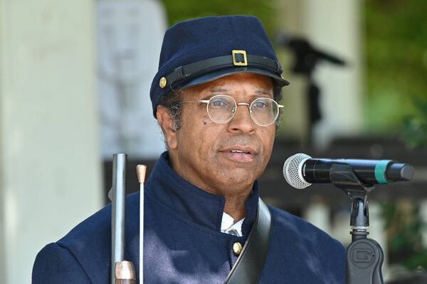 Lonnie Davis speaks during the 32nd Juneteenth Freedom Festival on Saturday, June 15, 2024, at Tattnall Square Park in Macon, Georgia. Davis does living history presentation on the Georgia African Brigade, three Black Union regiments that organized in Macon during the Civil War. (Photo Courtesy of Katie Tucker)