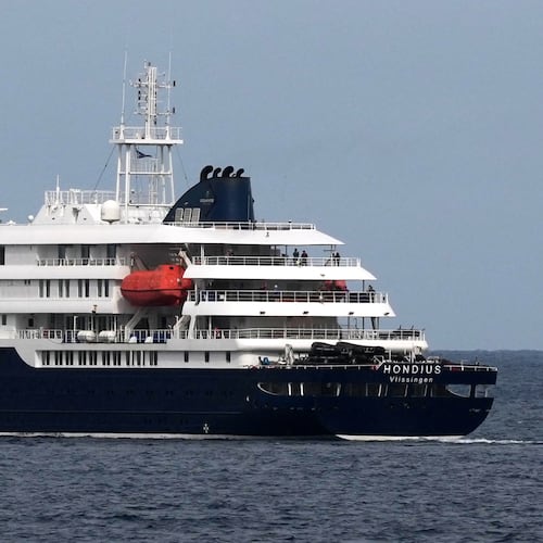 The MV Hondius cruise ship departs the port in Praia, Cape Verde, Wednesday, May 6, 2026. (AP Photo/Misper Apawu)