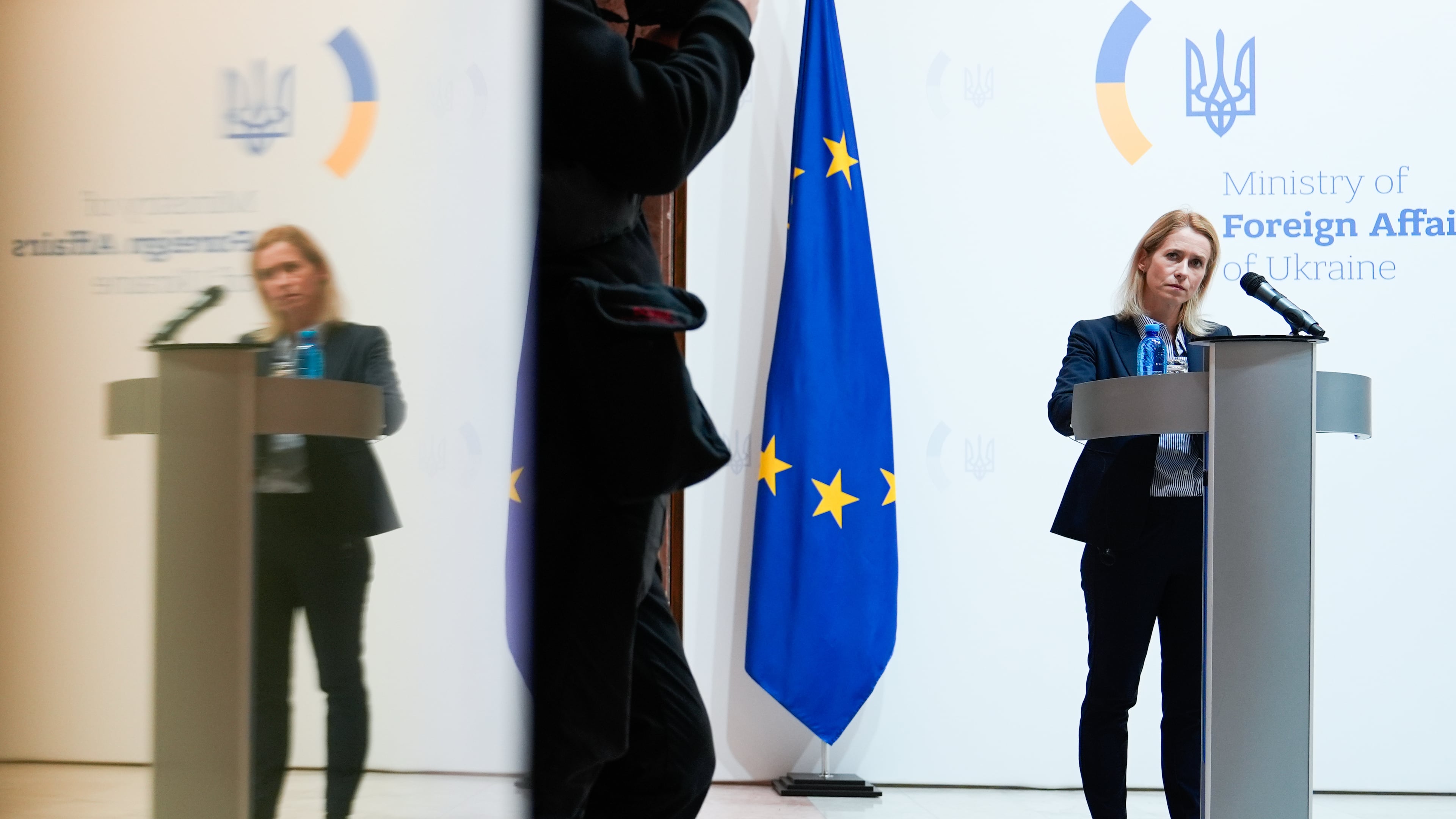 High Representative of the European Union for Foreign Affairs and Security Policy Kaja Kallas speaks during a news conference with Ukraine's Foreign Minister Andrii Sybiha, not pictured, at the Ministry of Foreign Affairs, Monday, Oct. 13, 2025, in Kyiv, Ukraine. (AP Photo/Julia Demaree Nikhinson)