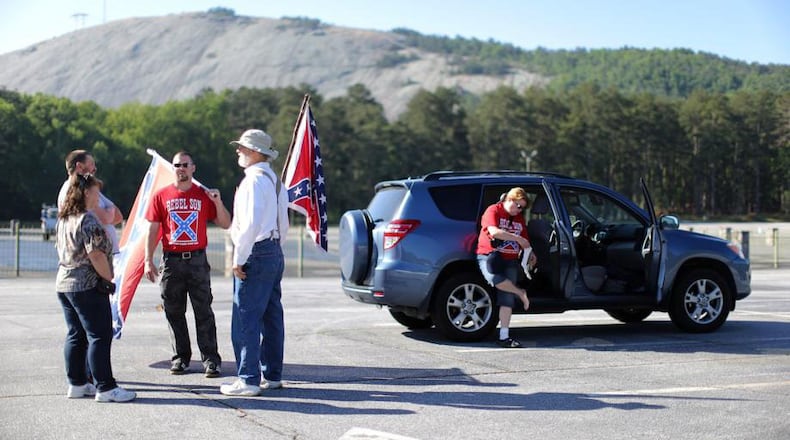 The risk of violent clashes between white nationalists, pictured here from a rally in 2016, and counter demonstraters prompted Stone Mountain Park to close the park to visitors Saturday, Feb. 2, 2019. (BEN GRAY / AJC)