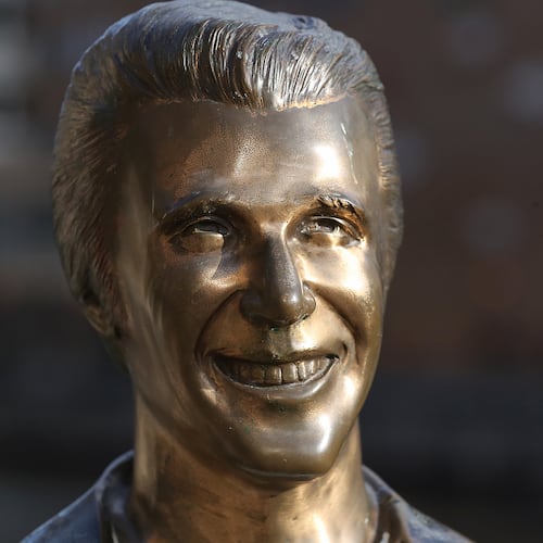 The Bronze Fonz, a public artwork by American artist Gerald Sawyer located on the Milwaukee Riverwalk, is the equivalent to the Big Chicken in Marietta seen on Tuesday, Jun 22, 2021, in Milwaukee. The Bronze Fonz depicts Henry Winkler as "The Fonz," a character in the 1970s television show Happy Days, which was set in Milwaukee.  Curtis Compton / Curtis.Compton@ajc.com