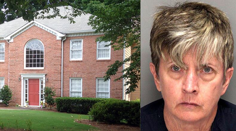 Jenna Wall, left, llived in this house on Wyndham Woods Drive in the Powder Springs area. At right, booking photo of Elizabeth Wall, charged with murder in her daughter-in-law's death. (Photos: Channel 2 Action News; Alexis Stevens / AJC; Cobb County Sheriff's Office)