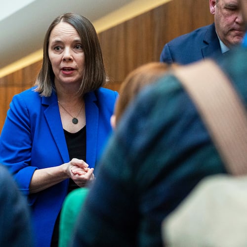 FILE - Maine Secretary of State Shenna Bellows speaks with reporters during the National Associate of Secretaries of State Conference in Washington, Jan. 30, 2026. (AP Photo/Cliff Owen, File)