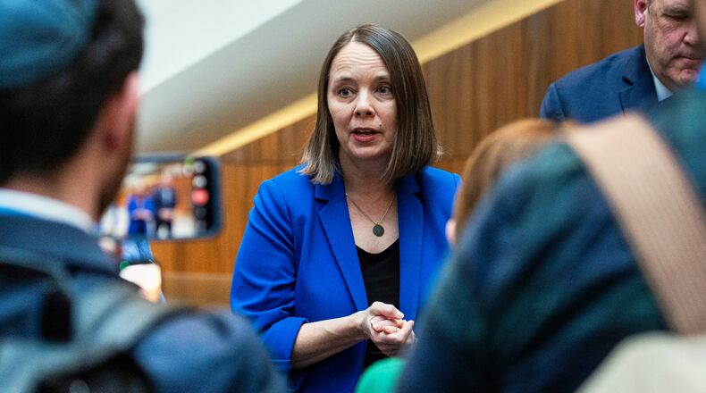 FILE - Maine Secretary of State Shenna Bellows speaks with reporters during the National Associate of Secretaries of State Conference in Washington, Jan. 30, 2026. (AP Photo/Cliff Owen, File)
