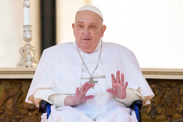 Pope Francis arrives in a wheelchair at the end of a mass in St. Peter's Square at The Vatican, Sunday, April 6, 2025, part of the Jubilee of the sick and the health workers. (AP Photo/Andrew Medichini)