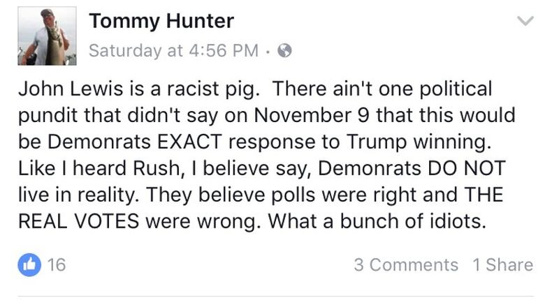 Gwinnett Commissioner Tommy Hunter sent this Facebook post in January. CONTRIBUTED