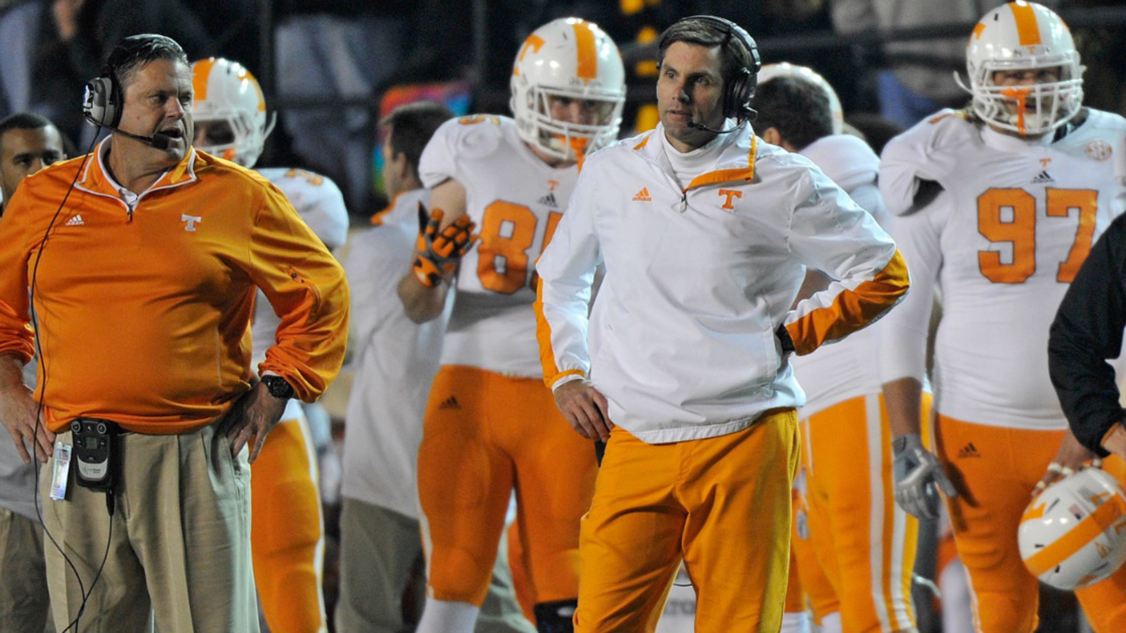U.S. Senate candidate Derek Dooley (center), a Georgia Republican, formerly coached football at the University of Tennessee.