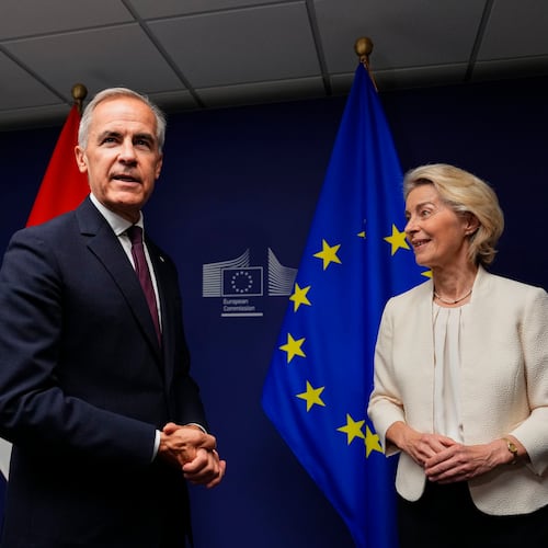 Canadian Prime Minister Mark Carney left, and European Commission President Ursula von der Leyen participate in a bilateral meetingat the European Parliament in Strasbourg, France, Wednesday, Sept. 16, 2026. (Justin Tang/The Canadian Press via AP)