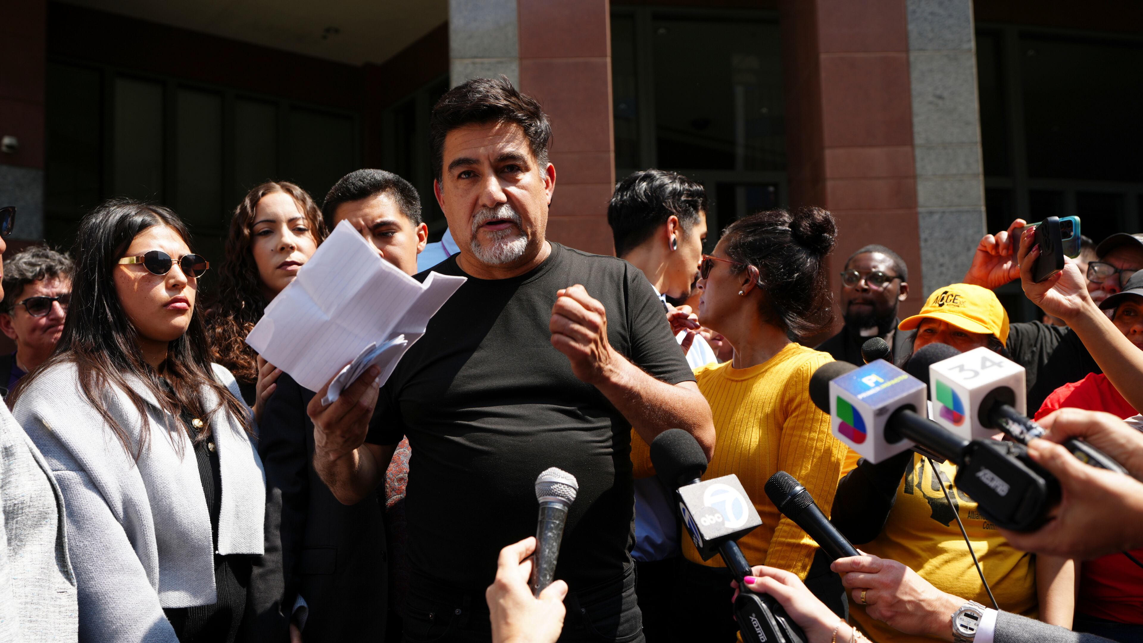 FILE - David Huerta, president of the Service Employees International Union California, who was arrested during an immigration raid, speaks after he was released on a bond in downtown Los Angeles on June 9, 2025. (AP Photo/Damian Dovarganes, File)