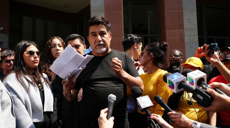 FILE - David Huerta, president of the Service Employees International Union California, who was arrested during an immigration raid, speaks after he was released on a bond in downtown Los Angeles on June 9, 2025. (AP Photo/Damian Dovarganes, File)