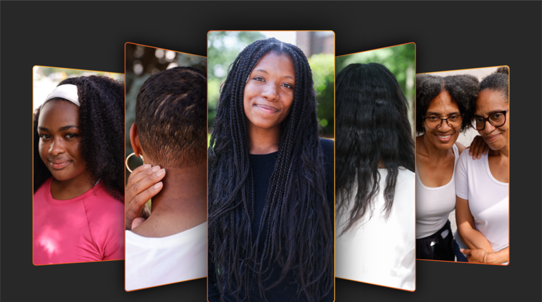 (Left to right) Jamie Williams Smith, Darnell M. Taylor, Jayla McCall, Jordan Greene, Murlean Tucker and Marlean Tucker discuss their hair styles. (Photos by Abbey Cutter for AJC, Natrice Miller for AJC)