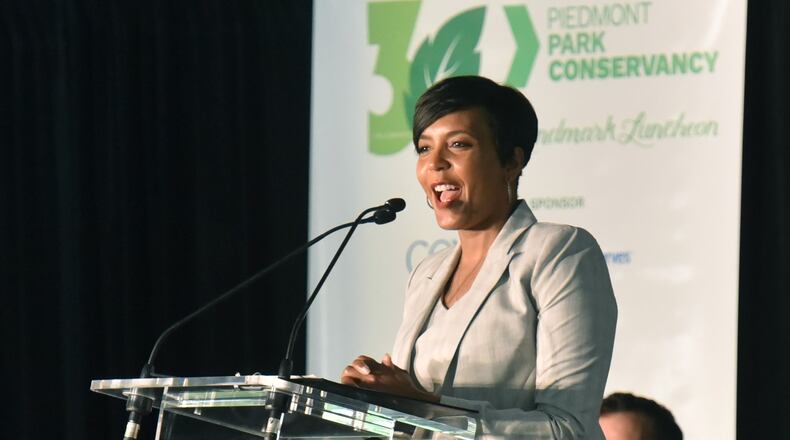 April 25, 2019 Atlanta - Mayor Keisha Lance Bottoms delivers a keynote address during 2019 Piedmont Park Conservancy luncheon at The Promenade at Legacy Fountain at Piedmont Park on Thursday, April 25, 2019. For more than two decades, hundreds of Atlantans have gathered under the tent every spring to support beautiful Piedmont Park. HYOSUB SHIN / HSHIN@AJC.COM
