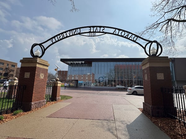 An entrance into Dakota State University's campus, Monday, April 28, 2025, in Madison, S.D. (AP Photo/Sarah Raza)