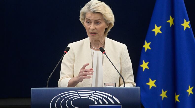 FILE - European Commission President Ursula von der Leyen delivers a speech at the annual State of the European Union at the European Parliament in Strasbourg, eastern France, Wednesday, Sept 16, 2026. (AP Photo/Pascal Bastien, File)