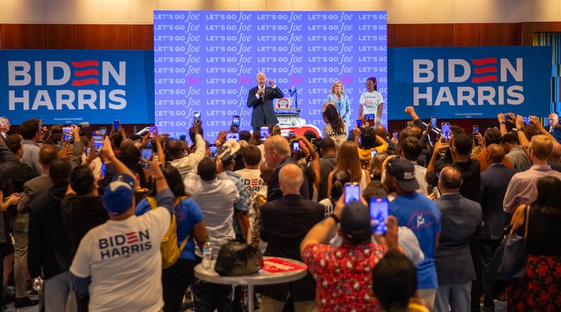 President Joe Biden drops in on the Democratic Party’s watch party at the Hyatt Regency Atlanta following his debate June 27. Biden has faced pressure, including from within the Democratic Party, to end his reelection bid following his poor performance in the showdown against former President Donald Trump. (Jenni Girtman for The Atlanta Journal-Constitution)