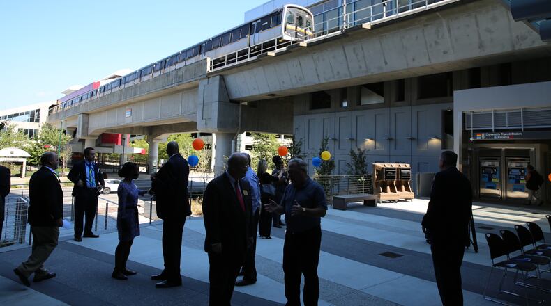 A pedestrian bridge exits from the lobby of State Farm's Dunwoody office tower and connects to MARTA. A ribbon cutting for the walkway was held Thursday, Sept. 28, 2017. Photo credit: State Farm