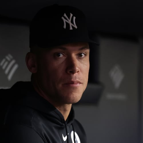 New York Yankees right fielder Aaron Judge (99) looks on from the dugout during the seventh inning of a baseball game against the Cleveland Guardians, Tuesday, June 2, 2026, in New York. (AP Photo/Adam Hunger)