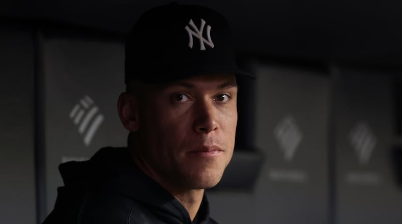 New York Yankees right fielder Aaron Judge (99) looks on from the dugout during the seventh inning of a baseball game against the Cleveland Guardians, Tuesday, June 2, 2026, in New York. (AP Photo/Adam Hunger)