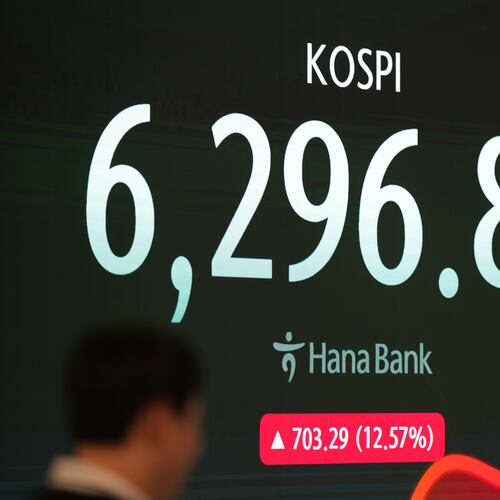 A dealer walks past near the screen showing the Korea Composite Stock Price Index (KOSPI) at a dealing room of Hana Bank in Seoul, South Korea, Friday, July 31, 2026. (AP Photo/Lee Jin-man)
