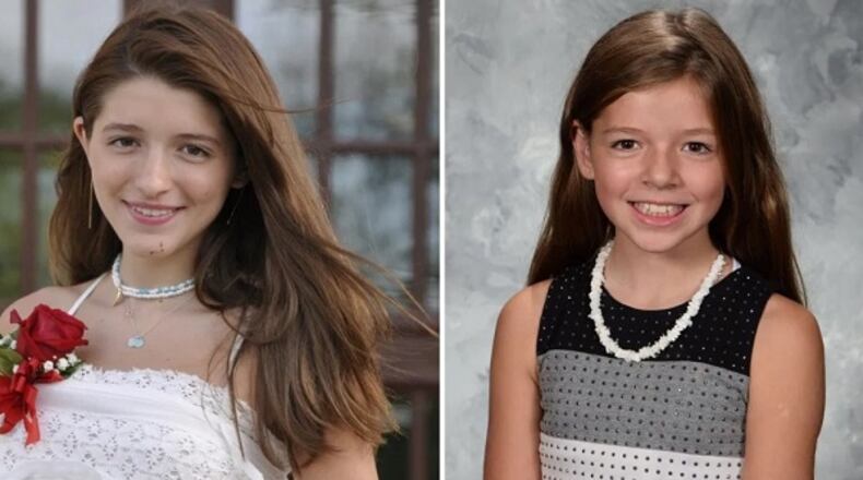 Sisters Scout Scaravilli, 14, (left) and Chasey Scaravilli, 12, were killed in a tragic accident at their home Sunday when one end of a hammock pulled a brick pillar down on top of them.