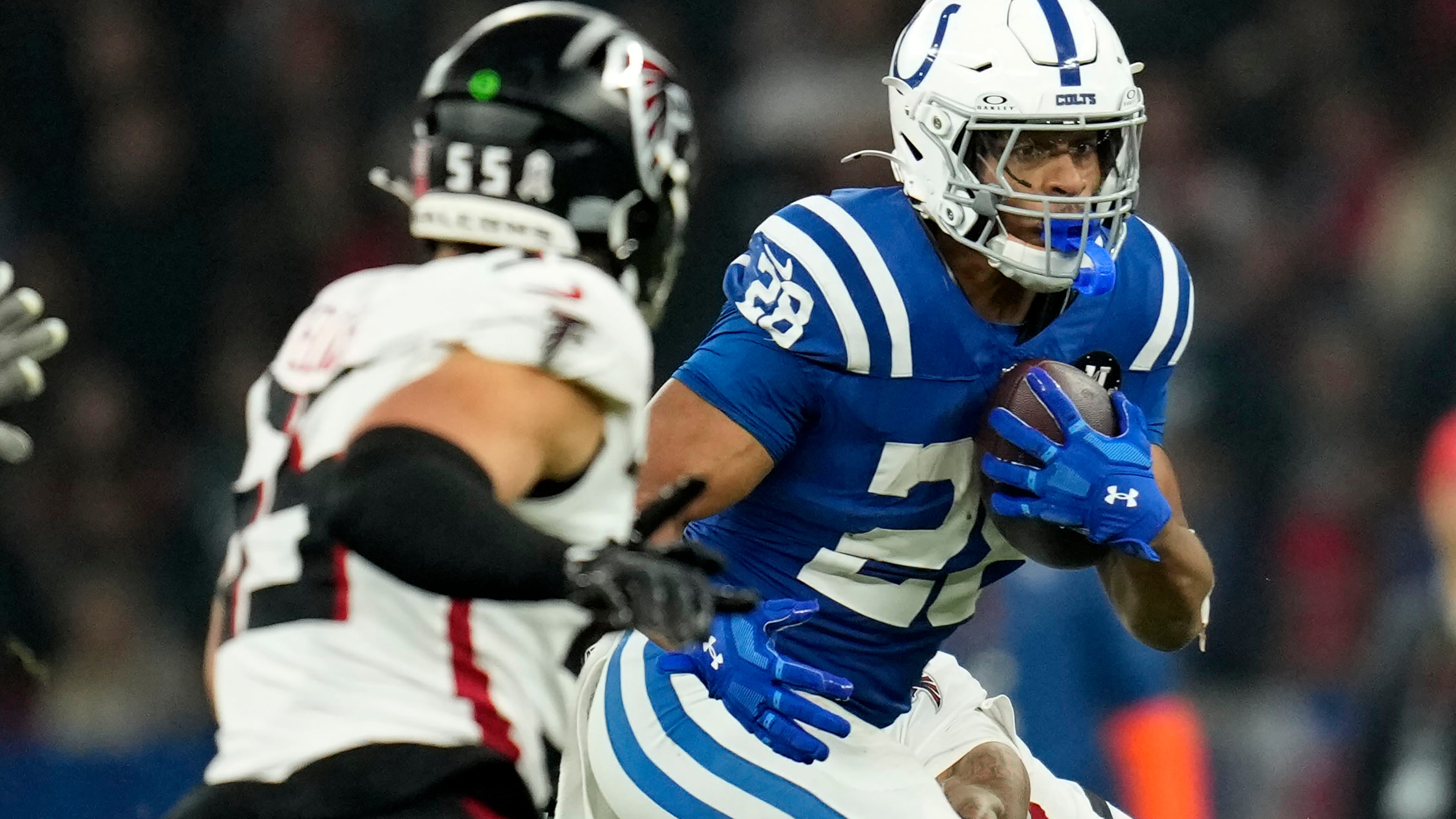 Indianapolis Colts running back Jonathan Taylor piled up 244 yards rushing in a 31-25 win over the Falcons in Berlin on Sunday. (Ebrahim Noorozi/AP)