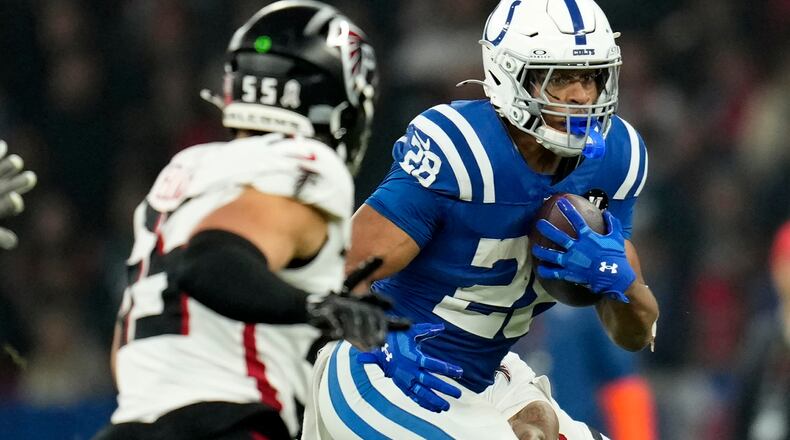 Indianapolis Colts running back Jonathan Taylor piled up 244 yards rushing in a 31-25 win over the Falcons in Berlin on Sunday. (Ebrahim Noorozi/AP)