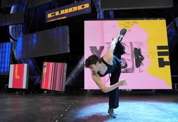Dancer Diego Pasillas rehearses a move during preparations for Katy Perry's "The Lifetimes Tour" at the Toyota Arena on Wednesday, April 9, 2025, in Ontario, Calif. (AP Photo/Chris Pizzello)