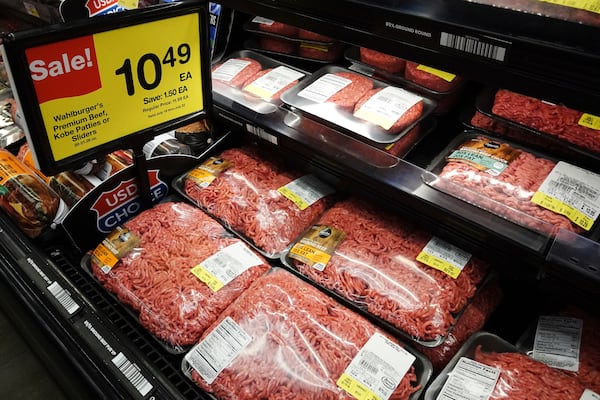 A price for beef is displayed at a grocery store in Mount Prospect, Ill., Thursday, July 17, 2025. (AP Photo/Nam Y. Huh)