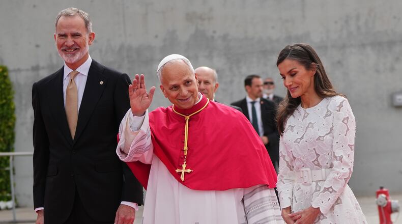 Pope Leo XIV is welcomed by Spain's King Felipe VI and Queen Letizia upon his arrival at Adolfo Suarez Madrid-Barajas International Airport in Madrid, Saturday, June 6, 2026, marking the start of his seven-day apostolic journey to mainland Spain and the Canary Islands. (AP Photo/Alessandra Tarantino)