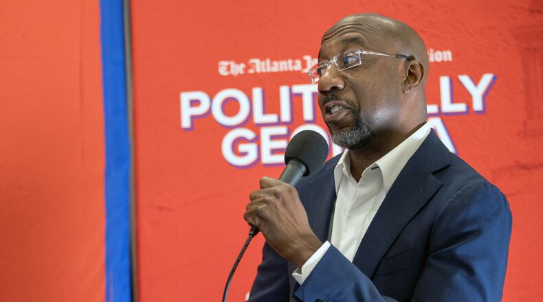 U.S. Sen. Raphael Warnock, speaking Monday at a "Politically Georgia" event in Savannah, said he believes Vice President Kamala Harris "can win" and "will win" this year's presidential election. (AJC Photo/Katelyn Myrick)