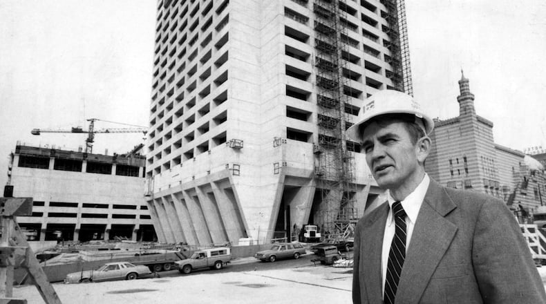 Atlanta, Ga.: Larry L. Gellerstedt Jr. in front of Southern Bell telephone building under construction. (Dwight Ross Jr./AJC staff) 1980