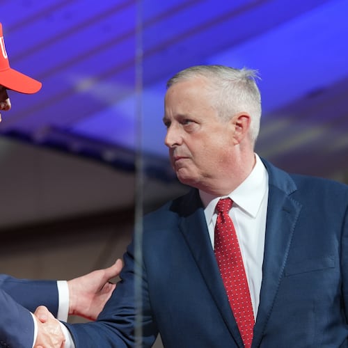 President Donald Trump greets North Carolina Republican U.S. Senate candidate Michael Whatley during a rally at Gastonia Municipal Airport, Wednesday, Sept. 16, 2026, in Gastonia, N.C. (AP Photo/Alex Brandon)