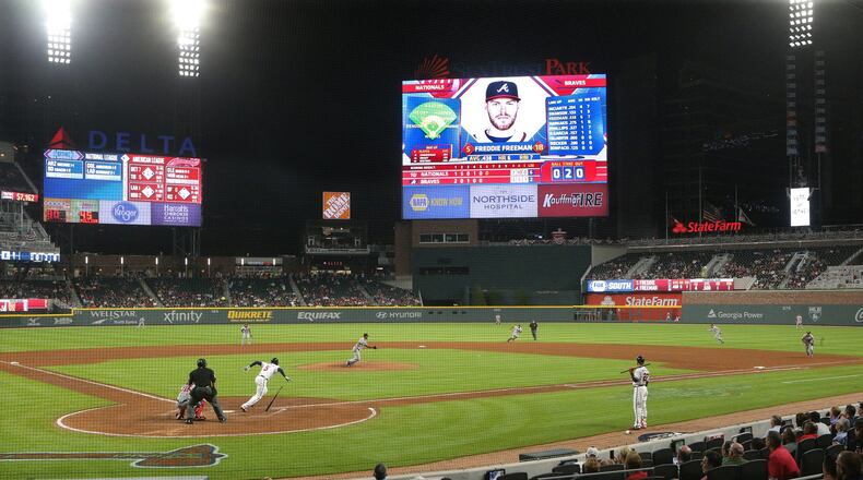Washington finally gets the Braves Freddie Freeman out, as he hits a ground ball into the shift Wednesday night. (Curtis Compton/ccompton@ajc.com)