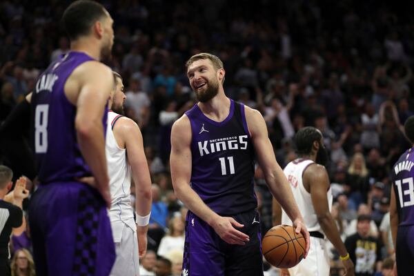 Sacramento Kings center Domantas Sabonis (11) reacts to a foul called on him during the second half of an NBA basketball game against the Los Angeles Clippers, Friday, April 11, 2025, in Sacramento, Calif. (AP Photo/Scott Marshall)