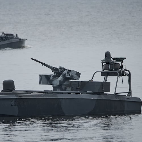 FILE - Sea Baby drones ride on the water during a demonstration by Ukraine's Security Service in an undisclosed location in Ukraine Friday, Oct. 17, 2025. (AP Photo/Efrem Lukatsky, File)