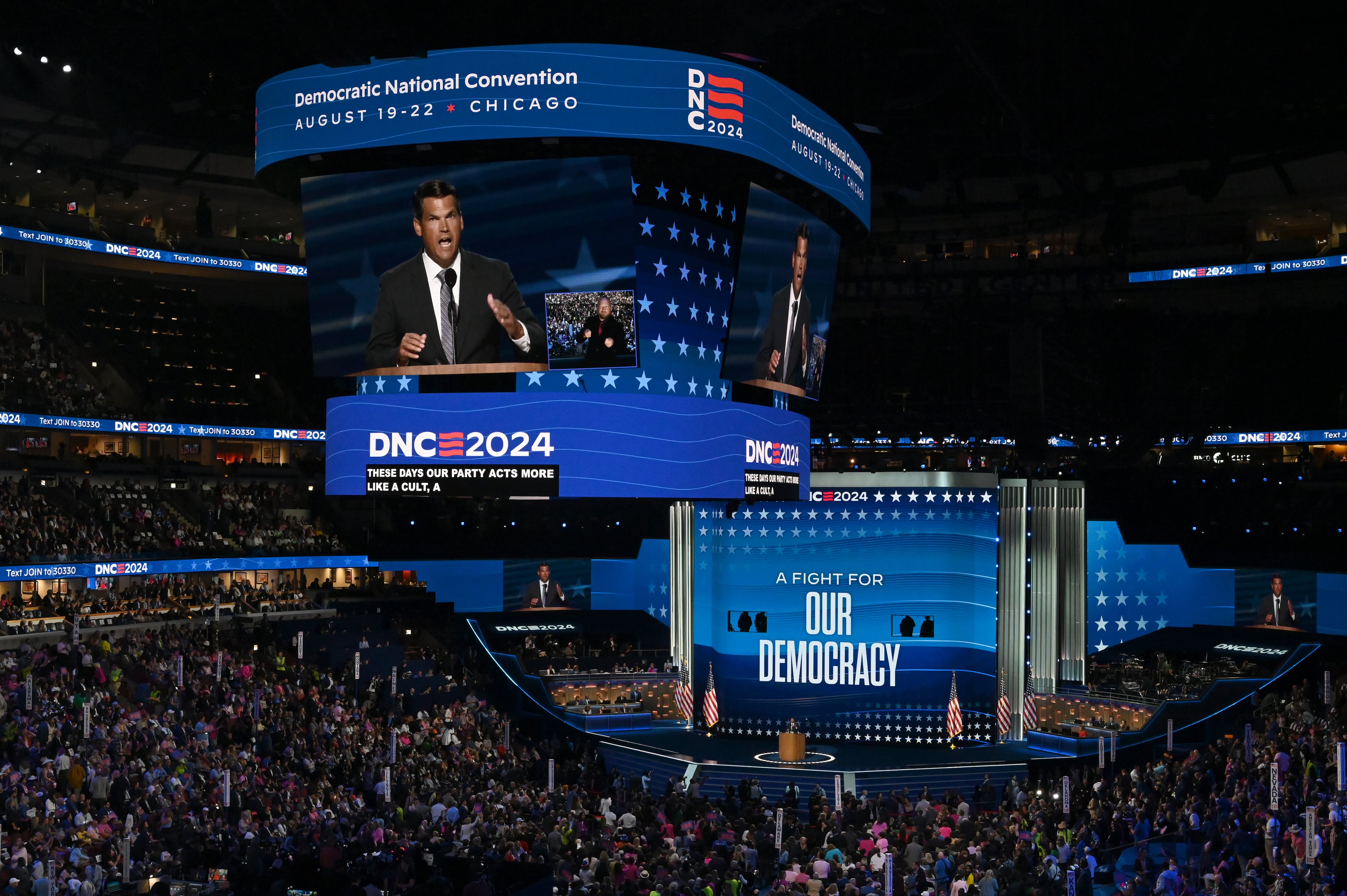 Former Lt. Gov. Geoff Duncan, shown speaking during the Democratic National Convention in Chicago, hit the campaign trail to back Kamala Harris in the weeks leading up the 2024 election. (Hyosub Shin/AJC 2024)