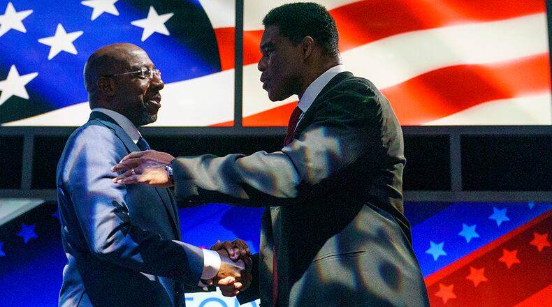 A poll conducted for the AARP focusing on the Dec. 6 runoff between U.S. Sen. Raphael Warnock, left, and Republican candidate Herschel Walker shows a close race with the difference falling within the margin of error.