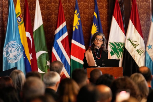 U.N. Special Rapporteur on the Occupied Palestinian Territories Francesca Albanese speaks during a two-day conference to address the Israel-Hamas war and Israel's military actions in Gaza, in Bogota, Colombia, Tuesday, July 15, 2025. (AP Photo/Fernando Vergara)