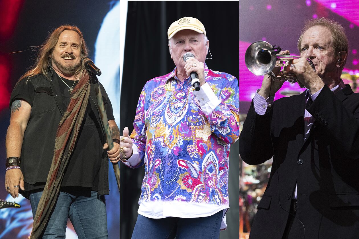 From left, Johnny Van Zant of Lynyrd Skynyrd, Mike Love of the Beach Boys and Lee Loughnane of Chicago are key members of longtime bands that are performing in Atlanta in mid-July. (Associated Press photos)