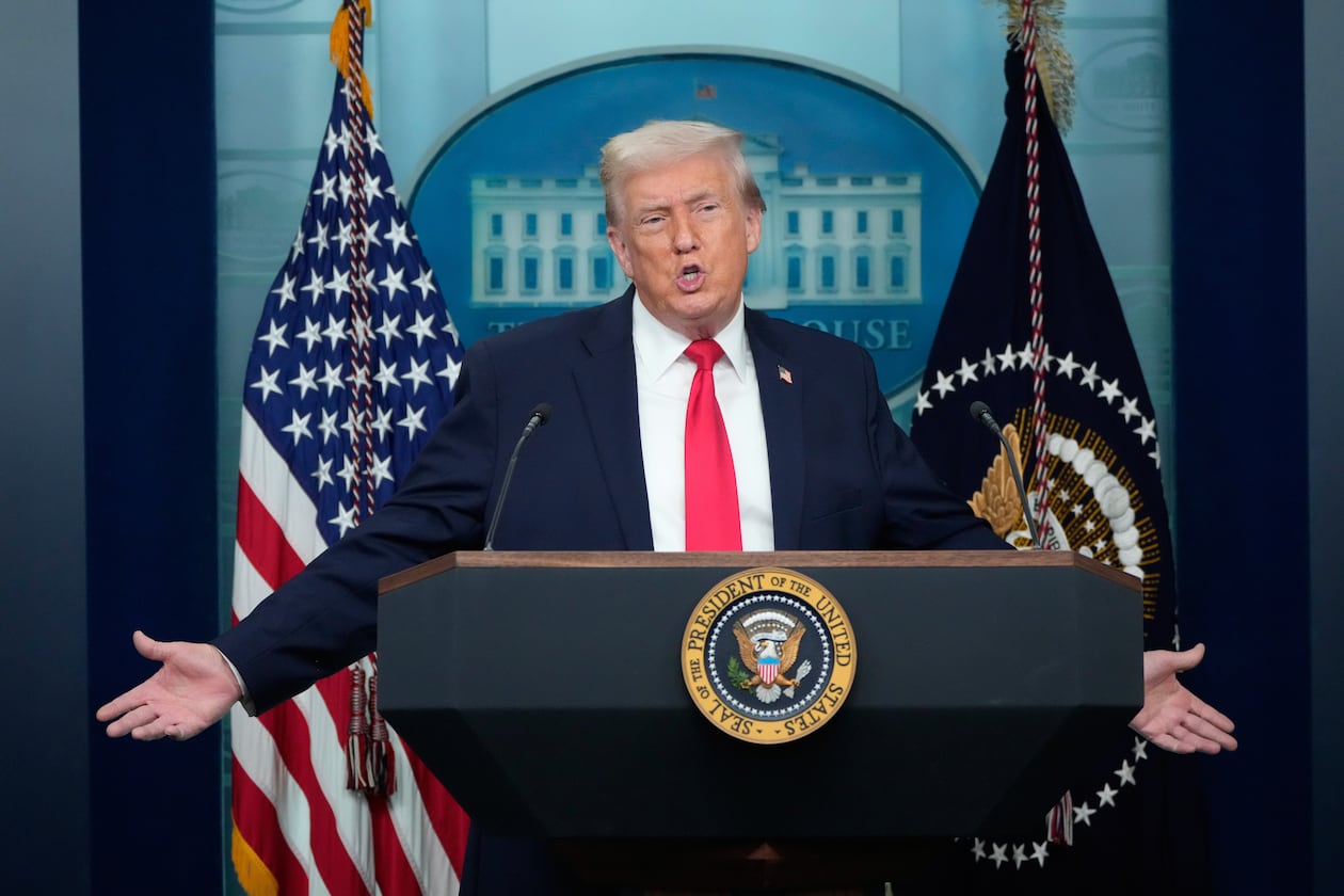 President Donald Trump speaks during a press briefing at the White House in Washington, Tuesday, Jan. 20, 2026. (Mark Schiefelbein/AP)
