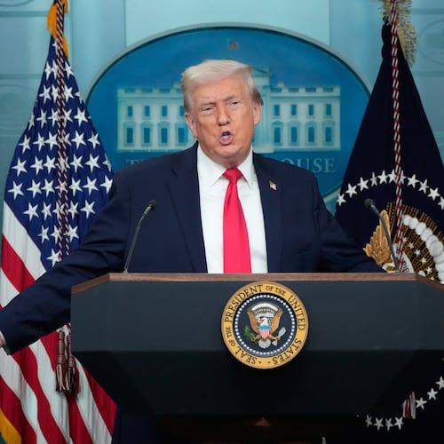 President Donald Trump speaks during a press briefing at the White House in Washington, Tuesday, Jan. 20, 2026. (AP Photo/Mark Schiefelbein)