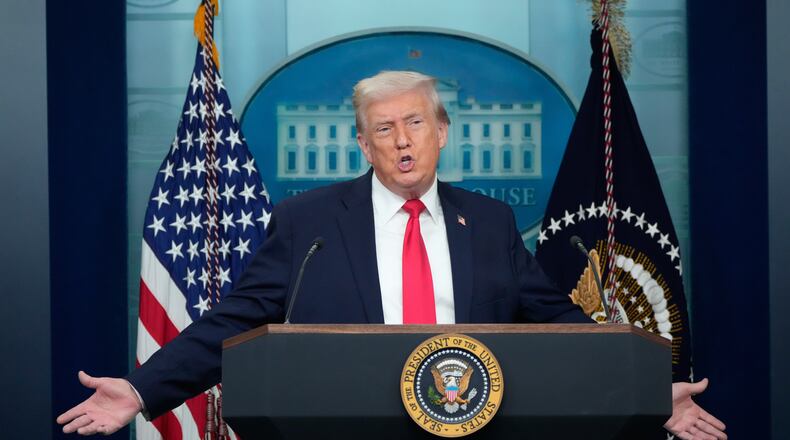 President Donald Trump speaks during a press briefing at the White House in Washington, Tuesday, Jan. 20, 2026. (Mark Schiefelbein/AP)