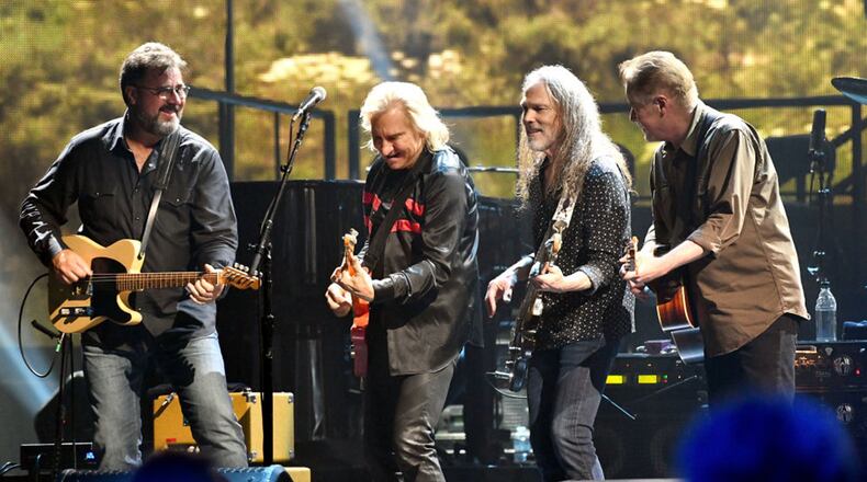 L-R) Musicians Vince Gill, Joe Walsh, Timothy B. Schmit and Don Henley of The Eagles perform onstage during 'An Evening with The Eagles' at The Forum on September 14, 2018 in Inglewood, California.