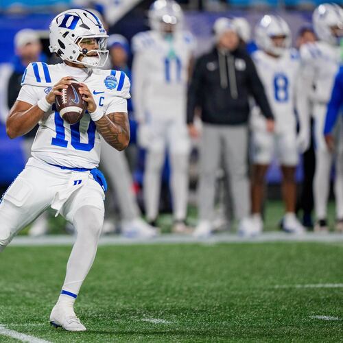 FILE - Duke quarterback Darian Mensah (10) drops back to pass during the Atlantic Coast Conference championship NCAA college football game between Virginia and Duke, Dec. 6, 2025, in Charlotte, N.C. (AP Photo/Jacob Kupferman, File)