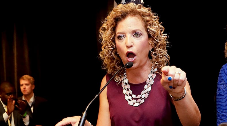 DNC Chairwoman, Debbie Wasserman Schultz, D-Fla., speaks during a Florida delegation breakfast, Monday, July 25, 2016, in Philadelphia, during the first day of the Democratic National Convention. (AP Photo/Matt Slocum)